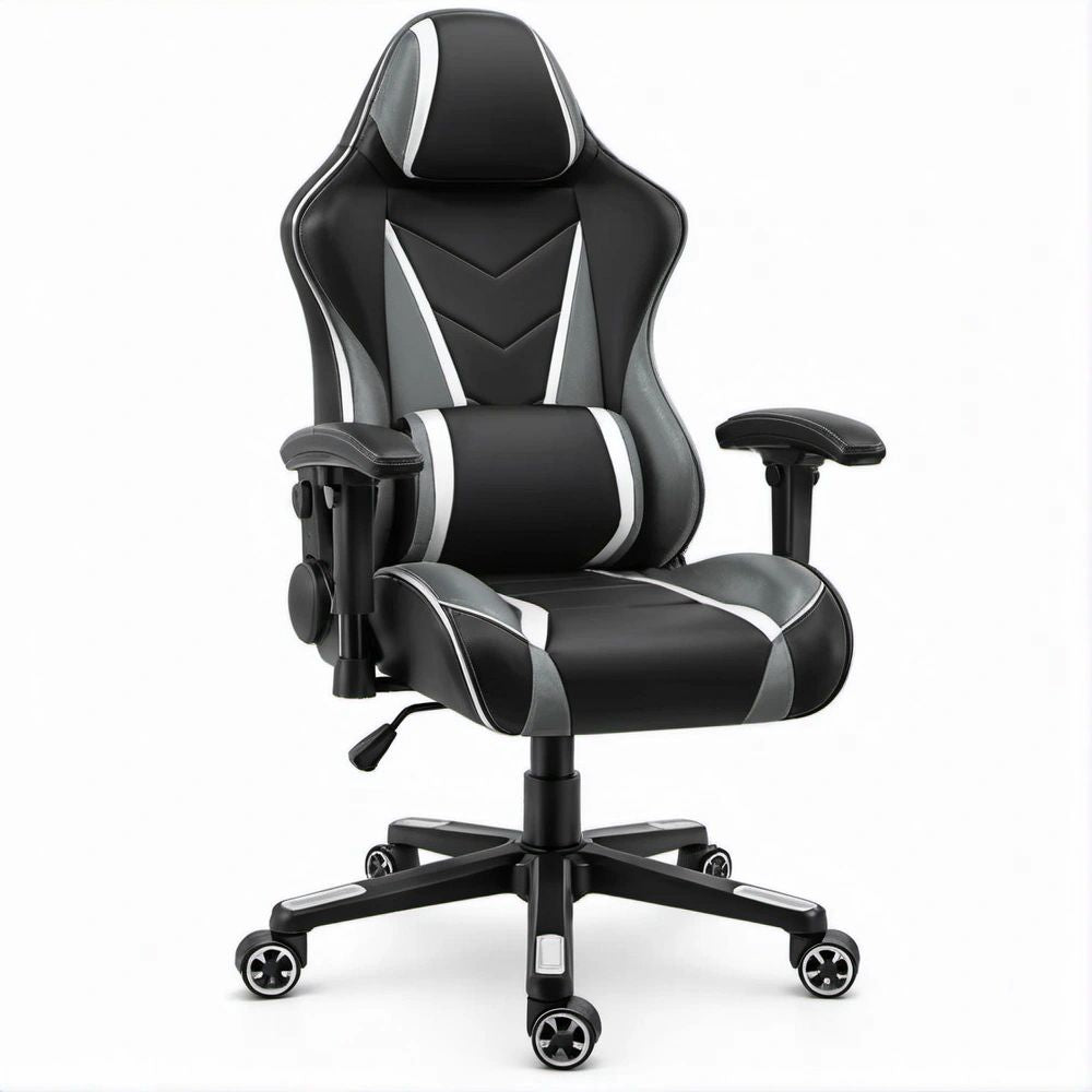 Cadeira Gaming Ergonómica Giratória com Encosto Alto Preta, Cinzenta e Branca em PU, 66 x 66 x 117-127 cm