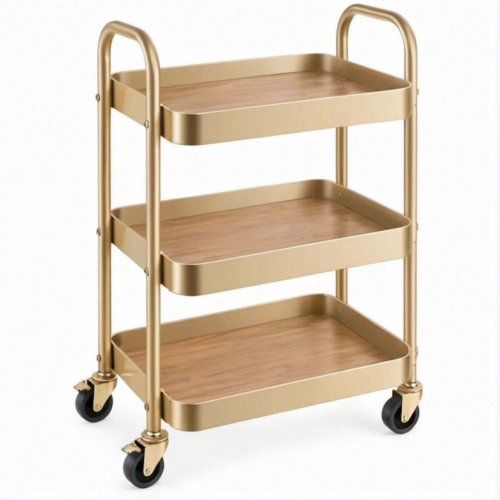 Carrinho de Serviço Dourado com 3 Tabuleiros, 75 x 45 x 90 cm