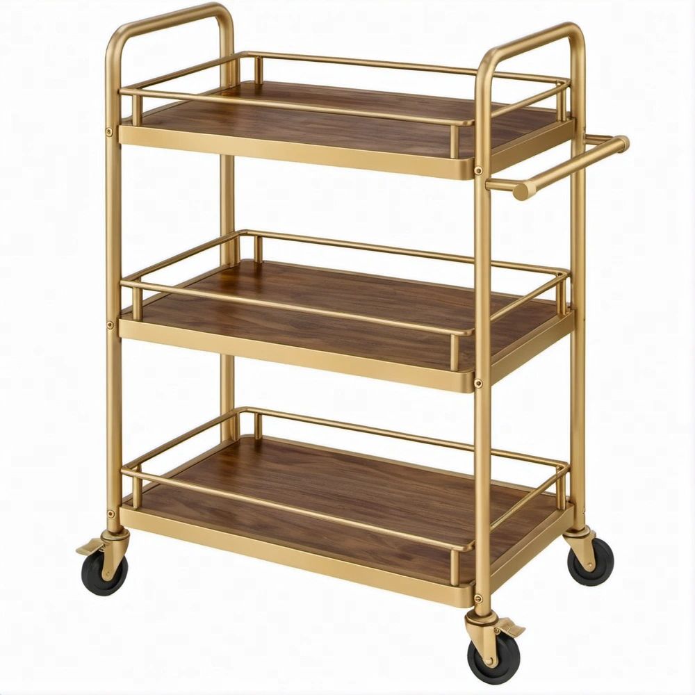 Carrinho de Serviço Dourado e Nogueira Escuro 85 x 45 x 93 cm com 3 Prateleiras e Rodas