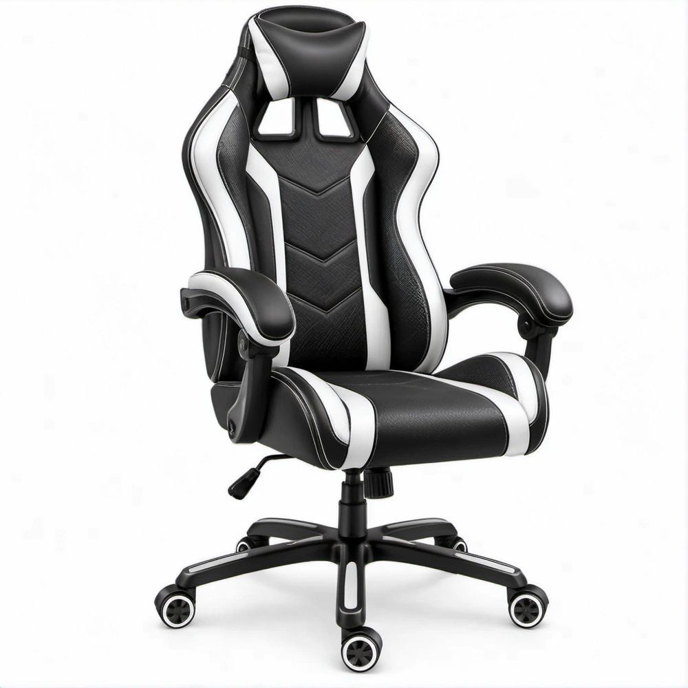 Cadeira Gaming Reclinável Preta e Branca em Pele Sintética PU 64 x 64 x 118-128 cm
