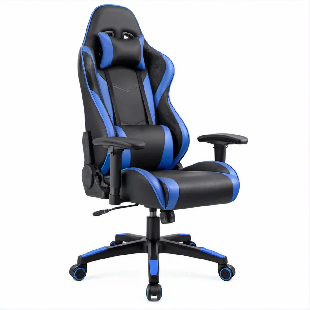 Cadeira Gaming Ergonómica Reclinável em Pele Sintética PU Preto e Azul, 66 x 50 x 123-133 cm