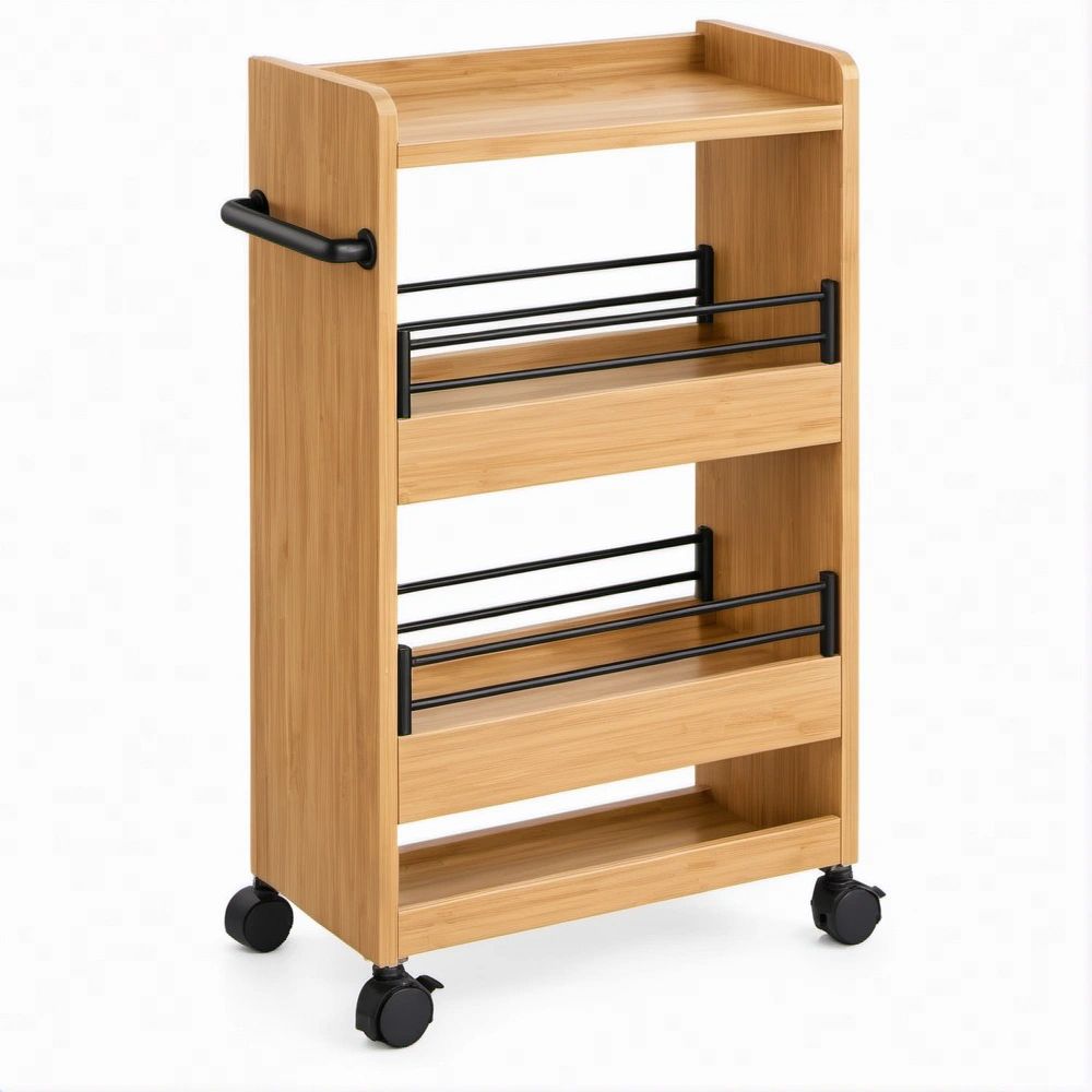 Carrinho de Cozinha em Bambu Natural e Preto com Rodas, 45 x 35 x 85 cm