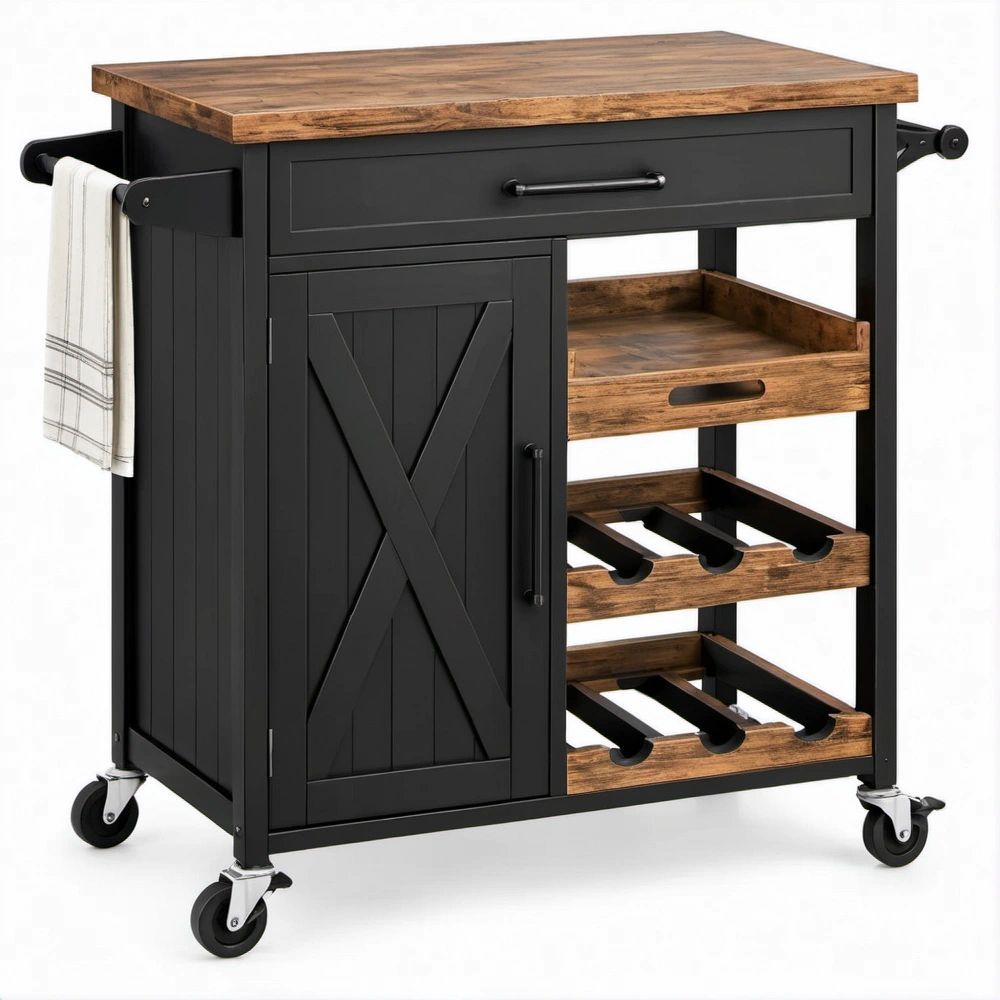 Carrinho de Cozinha Preto e Castanho 117 x 48 x 90 cm com Rodas, Gaveta e Suporte para 6 Garrafas
