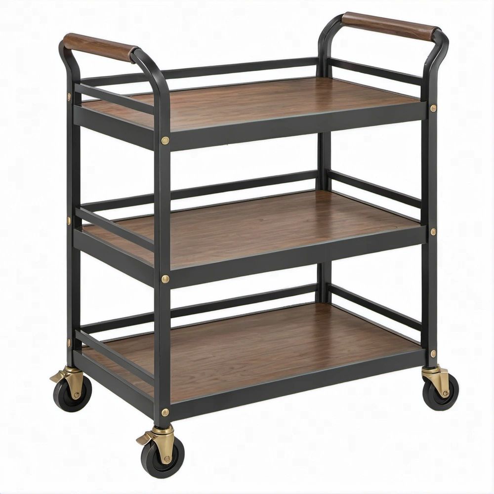 Carrinho de Jantar Preto e Nogueira em Aço e MDF, 85 x 45 x 90 cm, 3 Prateleiras e Rodas