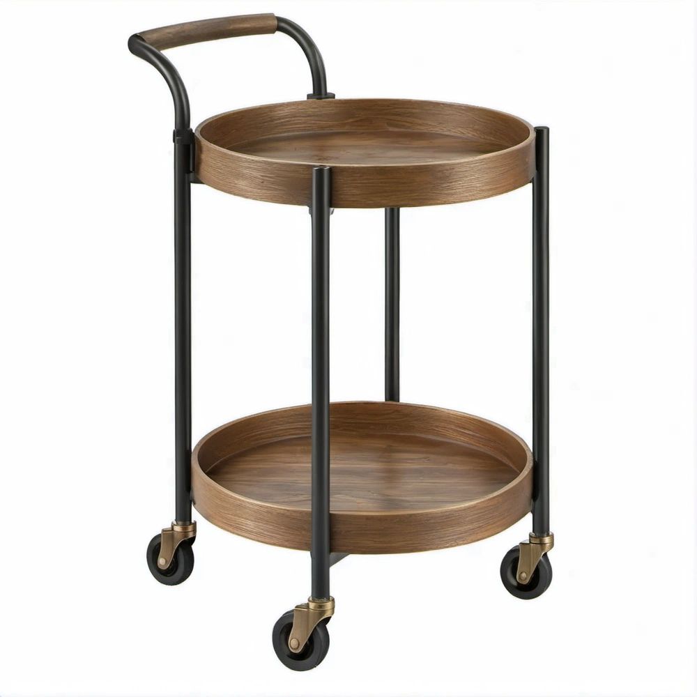 Carrinho de Serviço Redondo com 2 Tabuleiros em MDF e Aço Castanho, Preto e Dourado 45 x 45 x 80 cm