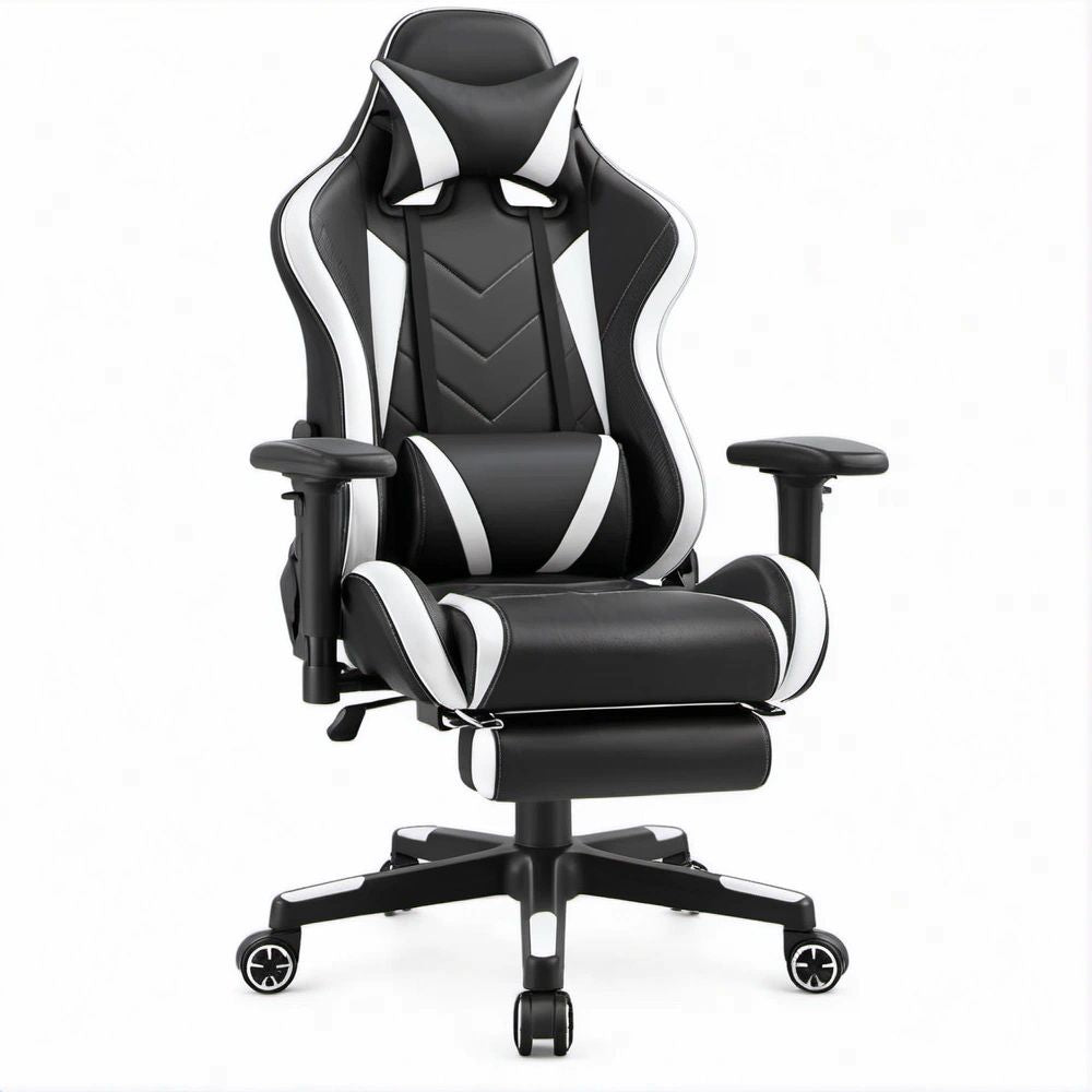 Cadeira Gaming Reclinável Preto e Branco com Apoio para Pés, 65 x 65 x 125-135 cm